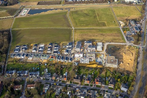 Aerial view, construction site and new housing estate WohnSiedlung Am Glückauf Park Hassel - Park