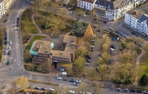 Aerial view, Michaelshaus community centre and meeting place, Urbanus Park and car parks, Buer,