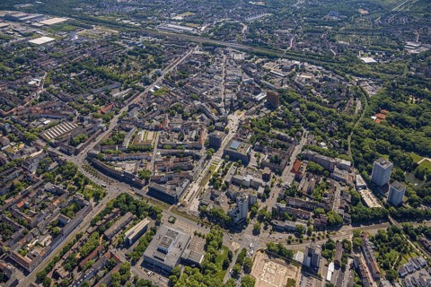 Aerial view, city centre with Ebertstraße, Hans-Sachs-Haus and Heinrich-König-Platz, main station