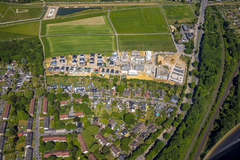 Aerial view, construction site and new housing estate WohnSiedlung Am Glückauf Park Hassel - Park