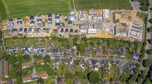 Aerial view, construction site and new housing estate WohnSiedlung Am Glückauf Park Hassel - Park