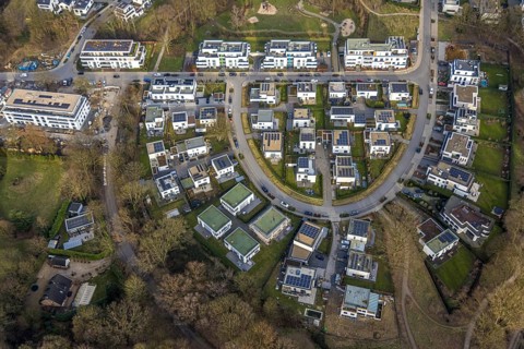 Aerial view, new development area Am Buerschen Waldbogen, Zur Marienkapelle, semi-circular housing
