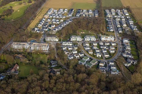 Aerial view, new development area Am Buerschen Waldbogen, Zur Marienkapelle, semi-circular housing