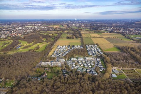 Aerial view, new housing estate Am Buerschen Waldbogen, Zur Marienkapelle, semi-circular housing