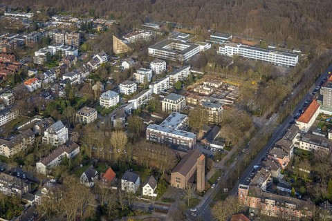Aerial view, construction site and new building for apartment blocks on Goldbergstraße,