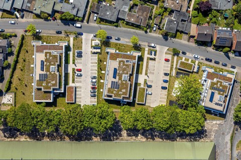 Aerial view, Schützenstraße development area, green roof, Hamm, Ruhr area, North Rhine-Westphalia,