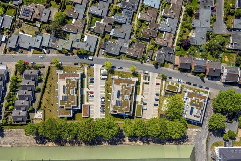 Aerial view, Schützenstraße development area, green roof, Hamm, Ruhr area, North Rhine-Westphalia,
