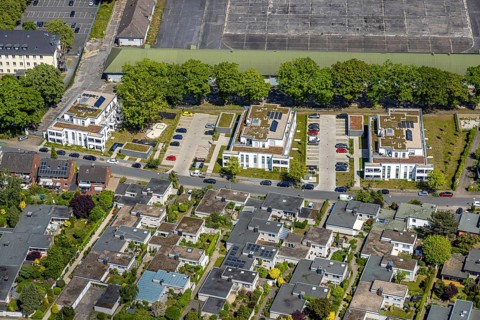 Aerial view, Schützenstraße development area, green roof, Hamm, Ruhr area, North Rhine-Westphalia,