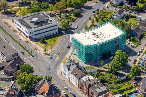 Aerial view, renovation of the municipal music school, construction site with scaffolding and