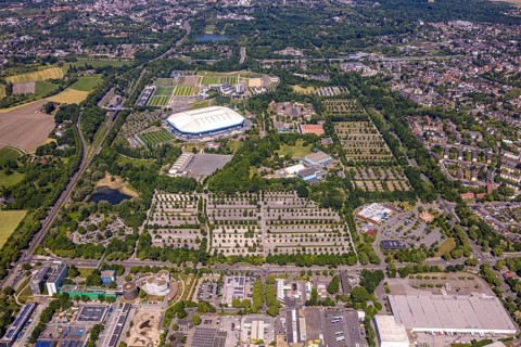 Aerial view, Berger Feld, Schalke Arena Park with Veltins Arena football stadium, Berger Lake in