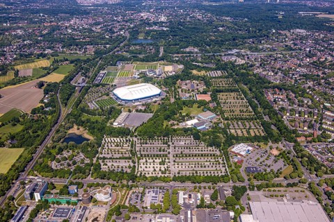 Aerial view, Berger Feld, Schalke Arena Park with Veltins Arena football stadium, Berger Lake in