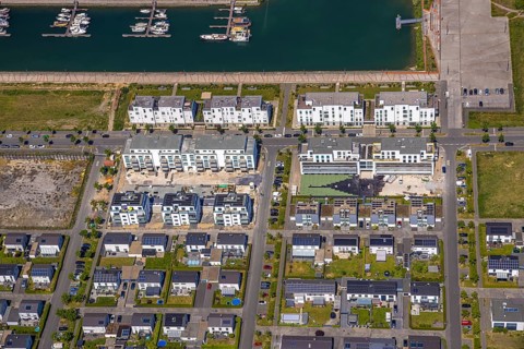 Aerial view, Graf Bismarck Johannes-Rau-Allee neighbourhood, residential complex at the Stölting