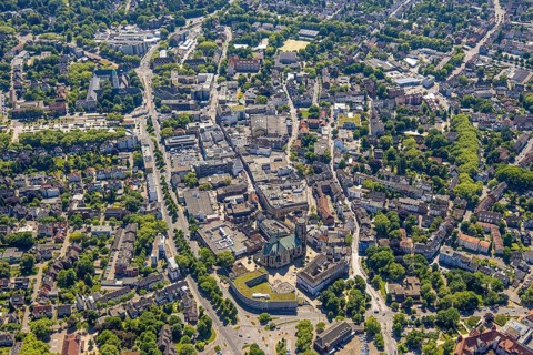 Aerial view, City centre Gelsenkirchen-Buer Hochstraße with cathedral catholic provost church St.
