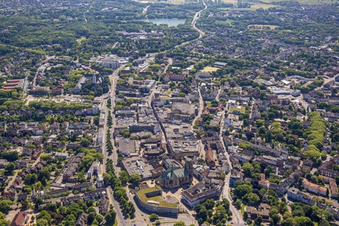 Aerial view, City centre Gelsenkirchen-Buer Hochstraße with cathedral catholic provost church St.