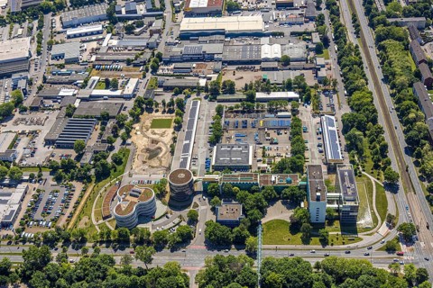 Aerial photo, Gelsenwasser AG Campus, water supply company, Erle, Gelsenkirchen, Ruhr area, North