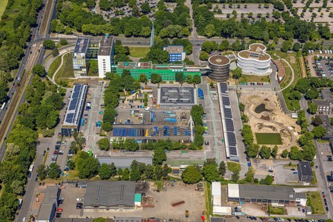Aerial photo, Gelsenwasser AG Campus, water supply company, Erle, Gelsenkirchen, Ruhr area, North