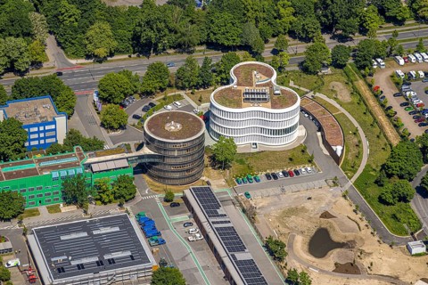 Aerial photo, Gelsenwasser AG Campus, water supply company, Erle, Gelsenkirchen, Ruhr area, North