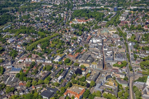 Aerial view, City centre Gelsenkirchen-Buer Hochstraße with cathedral catholic provost church St.