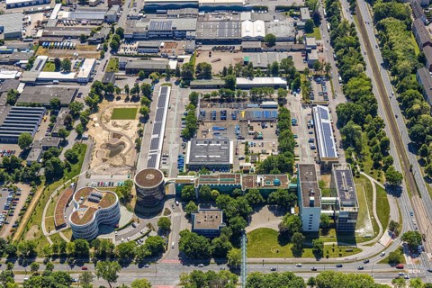 Aerial photo, Gelsenwasser AG Campus, water supply company, Erle, Gelsenkirchen, Ruhr area, North