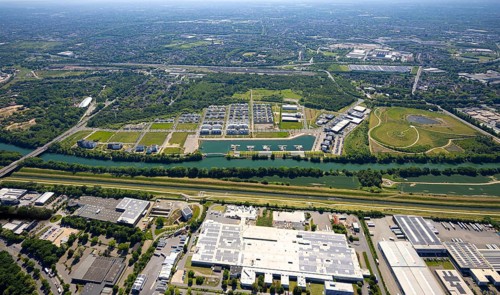Aerial view, Graf Bismarck Johannes-Rau-Allee neighbourhood, residential complex and Stölting