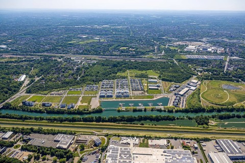 Aerial view, Graf Bismarck Johannes-Rau-Allee neighbourhood, residential complex and Stölting