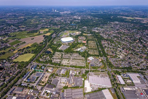 Aerial view, Berger Feld, Schalke Arena Park with Veltins Arena football stadium, Berger Lake in