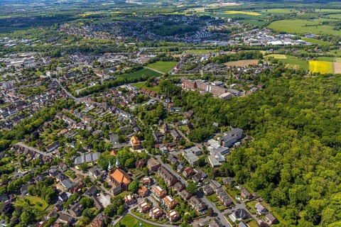 Aerial view, residential area with St. Stephanus Church, St. Stephanus retirement home and St.