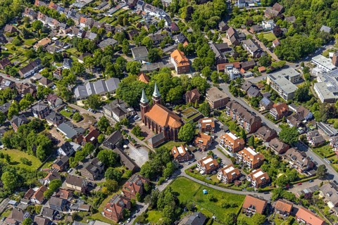 Aerial view, residential area with St. Stephanus church, St. Stephanus retirement home, Heessen