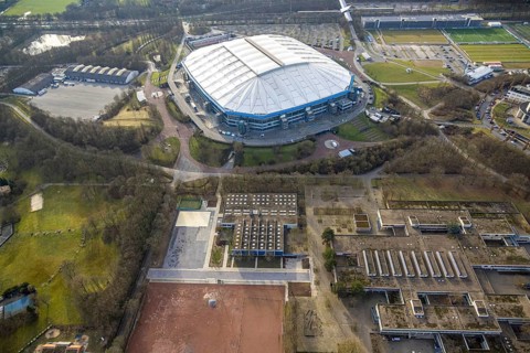 Aerial view, Berger Feld comprehensive school at the Bundesliga stadium Veltins-Arena of FC Schalke