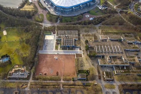 Aerial view, Berger Feld comprehensive school at the Bundesliga stadium Veltins-Arena of FC Schalke