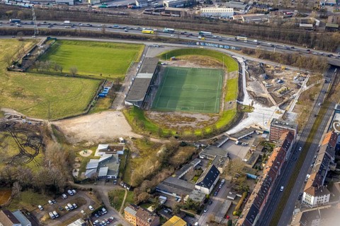 Aerial view, football stadium Glückauf-Kampfbahn with grandstand, DJK Teutonia Schalke-Nord 1921 e