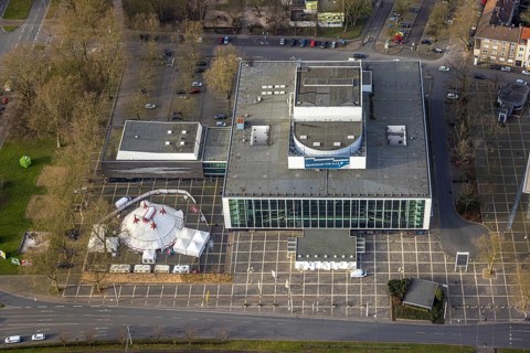 Aerial view, music theatre circus tent on Willi-Müller-Platz, Schalke, Gelsenkirchen, Ruhr area,