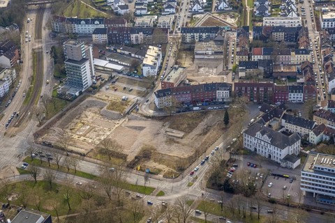 Aerial view, brownfield site of former central swimming pool, residential area and high-rise