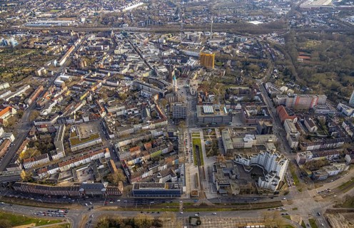 Aerial view, city centre view with Heinrich-König-Platz, Ebertstraße with tram subway,