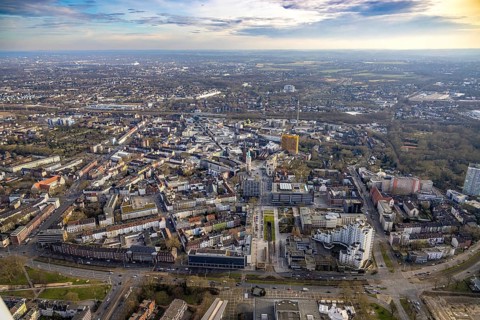 Aerial view, city centre view with Heinrich-König-Platz, Ebertstraße with tram subway,
