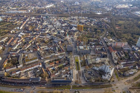 Aerial view, city centre view with Heinrich-König-Platz, Ebertstraße with tram subway,