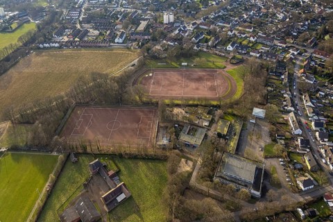 Aerial view, sports facility Baulandstraße football stadium, sports club DJK SG Borussia Scholven