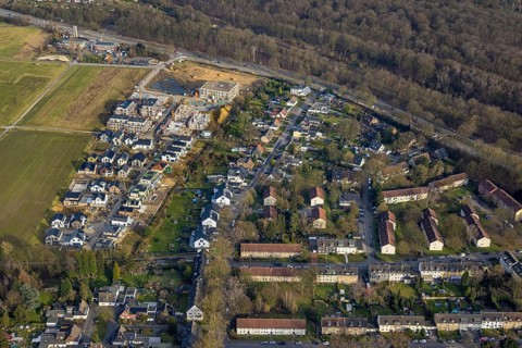 Aerial view, construction site and new housing estate WohnSiedlung Am Glückauf Park Hassel - Park