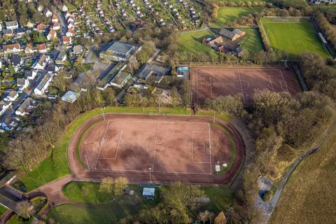 Aerial view, sports facility Baulandstraße football stadium, sports club DJK SG Borussia Scholven