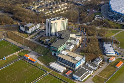 Aerial view, Berger Feld with hotel facilities, at the Bundesliga stadium Veltins-Arena of FC