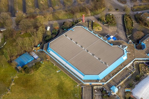 Aerial view, Emscher-Lippe-Halle at Berger Feld and next to the Bundesliga stadium Veltins-Arena of
