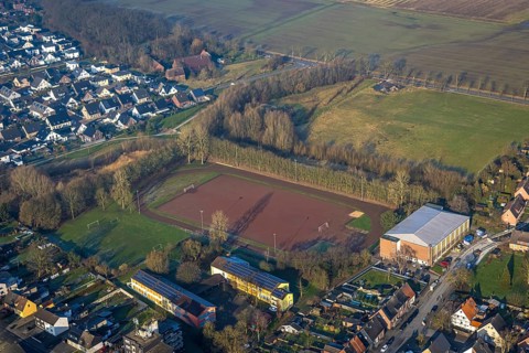 Aerial view, building area Südlich Horster Straße, Stefanhalle and old football pitch with