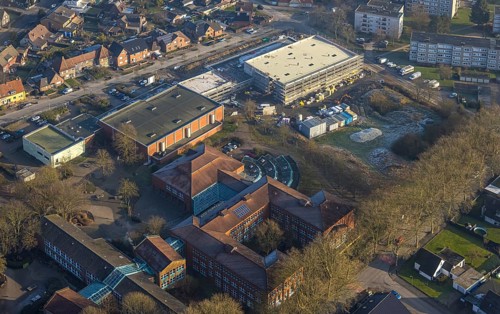 Aerial view, construction site of the triple gymnasium at Sophie-Scholl-Gesamtschule,
