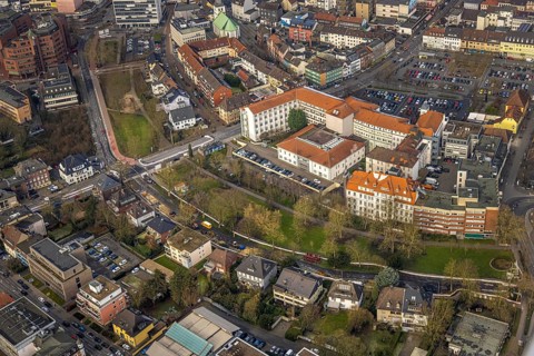 Aerial view, Johanniter-Kliniken Hamm general hospital and Südring car park, at the back