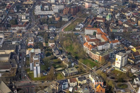 Aerial view, Johanniter-Kliniken Hamm general hospital and Südring park, employment agency