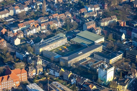 Aerial view, FLBK Friedrich-List-Berufskolleg Hamm and Eduard-Spranger-Berufskolleg, awning in the