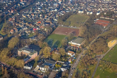 Aerial view, Glück-Auf-Stadion (Glückaufstadion) football stadium and tennis courts, sports