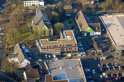 Aerial view, Herringer Markt shopping centre with building site, St. Victor's Church, Herringen