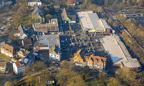 Aerial view, Herringer Markt shopping centre with building site, Edeka supermarket and Aldi