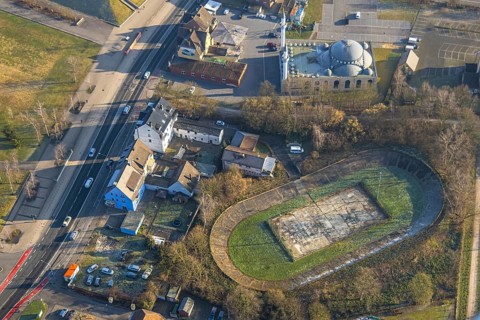 Aerial view, former Barbara Stadium SK Germania Herringen and DitiB Ulu Camii Mosque, Herringen